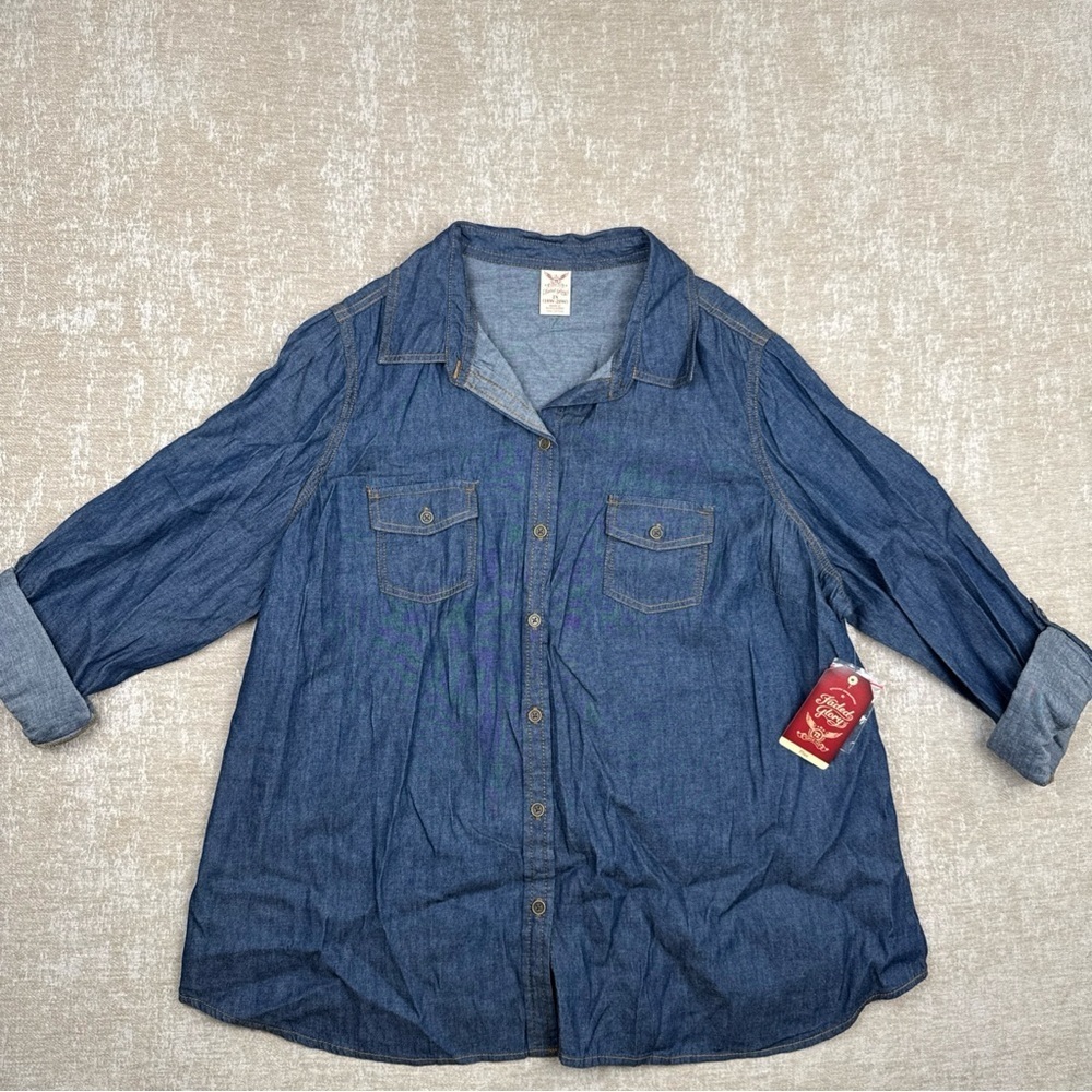 Faded Glory Women's Denim Maxi Shirt Full Button Pockets Denim Button-Up Shirt